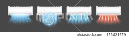 A set of air conditioners with airflow arrows: blue, red, swirl-shaped, and with particles. 133821659