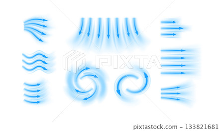 Air flow vector set, blue arrows showing wind straight, swirl and wave direction of air movement, cold fresh streams 133821681