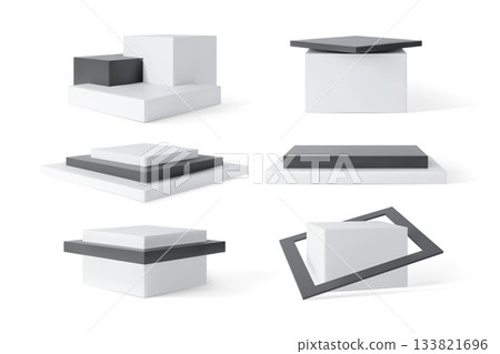 White and black cubes square shape podium stands, 3D pedestals vector set, platform for product presentation, showcase White and black cubes square shape podium stands, 3D pedestals vector set, platform for product presentation, showcase 133821696