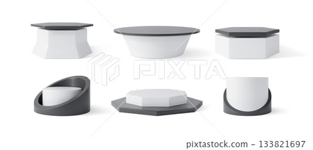 White and black cylinders podium stands 3D round pedestals vector set, platform for product presentation, stage showcase White and black cylinders podium stands 3D round pedestals vector set, platform for product presentation, stage showcase 133821697
