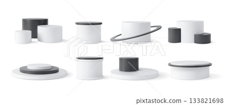 A 3D set of cylindrical geometric podiums, black and white, of various shapes. 133821698