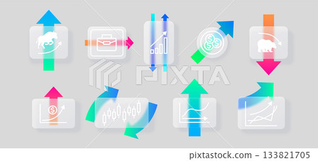 Business growth graphic arrow vector set, chart line, round and candlestick graph glassmorphism effect glass blur button Business growth graphic arrow vector set, chart line, round and candlestick graph glassmorphism effect glass blur button 133821705