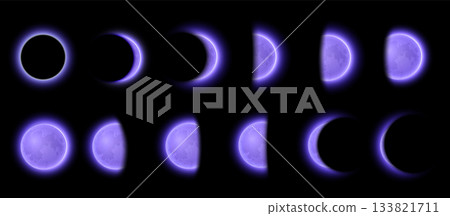 A set of lunar phases with a purple glow: waning, waxing, full, and eclipse. 133821711