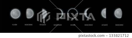 Moon phases sequence, vector realistic waning and waxing gibbous, first and last quarter, new and full moon, crescent 133821712