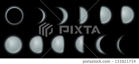 Realistic moon phases: waning, waxing, full, eclipse, glow effect, isolated black background. 133821714
