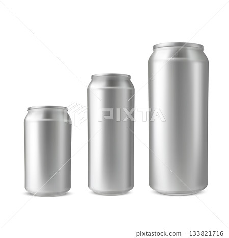 Aluminum drink can three different volumes, vector realistic blank metallic tin can drink packages various sizes mock up 133821716