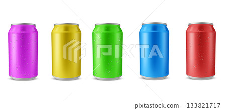 Aluminum drink can different colors, vector realistic blank wet metallic tin can drink beer, soda, water, juice packages 133821717