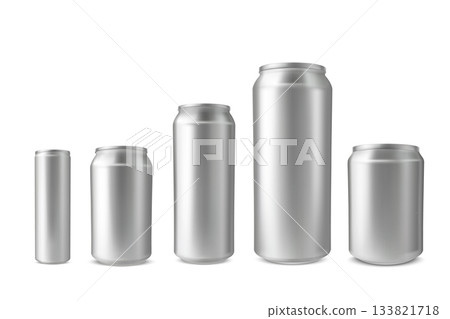 A set of realistic aluminum beverage cans of various sizes and shapes. 133821718