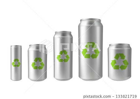 Aluminum drink can different volumes with green recycle sign, vector realistic ecological metallic tin can drink package 133821719