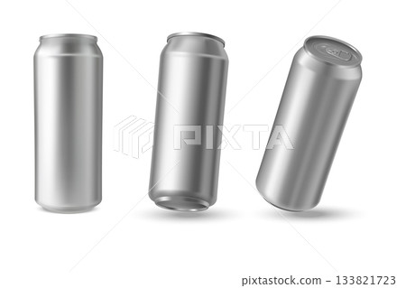 A set of closed aluminum beverage cans, from different sides. 133821723