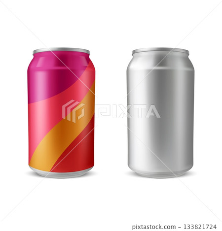 Aluminum drink can, vector realistic metallic tin can drink soda, water, juice packages with and without label mock up 133821724