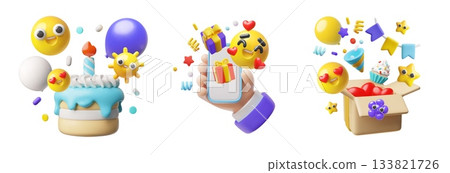 Festive 3D cartoon vector designs, Birthday cake with burn candle, happy celebration with smiley emoji, balloon gift box 133821726
