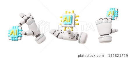 Robotic hand holds microchip, chatbot assistant, Artificial intelligence machine, electronic device 3D render vector set 133821729