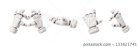 Robotic hand making heart shape, points gesture 3D plastic style vector set, AI artificial intelligence assistance limb 133821745