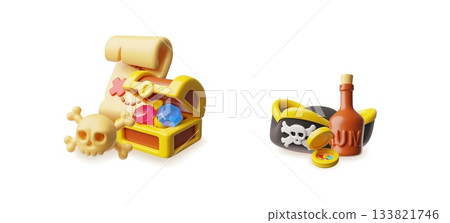 Treasure chest, map scroll and skull with bones 3D style illustration set, cartoon pirate hat, bottle of rum and compass 133821746