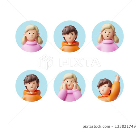 Kids positive and negative expression 3D portrait vector set, cartoon brunette boy and blonde girl round frame avatar 133821749