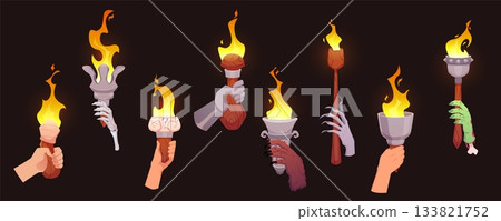 Human, animal, zombie hands holding burning torches vector set, cartoon fiery flames flambeau with decorated holders Human, animal, zombie hands holding burning torches vector set, cartoon fiery flames flambeau with decorated holders 133821752