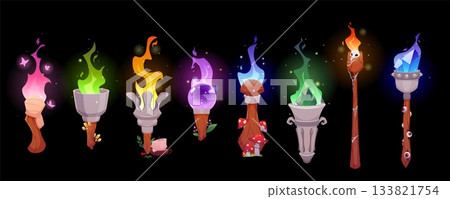 A set of magical torches, various shapes, with burning crystals and multicolored flames. 133821754