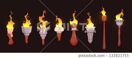 Medieval torch with burning fire collection, cartoon game ancient flambeau fire stone, iron and wooden stick vector set 133821755