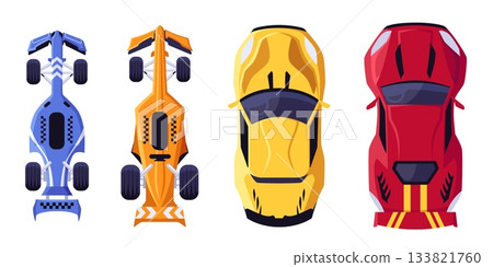Racing sport super cars top view vector set, F1 racing bolid vehicle, cartoon speed drift automobile, extreme transport Racing sport super cars top view vector set, F1 racing bolid vehicle, cartoon speed drift automobile, extreme transport 133821760