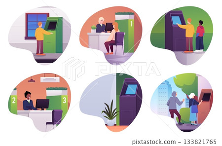 Banking service scenes vector flat set, bank office, ATM automated teller machine, consulting desk, managers and clients 133821765