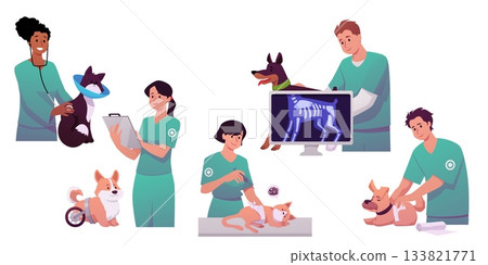 Vet clinic vector set, cartoon sick dogs and cats visiting veterinary doctor, x-ray diagnostic and treatment injection 133821771