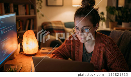 Evening Coding Woman 133821813