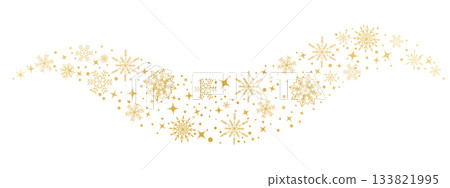 Golden snowflake swirl border. Christmas wave ornament with stars and sparkling dots for holiday banners, invitations and winter decoration projects. Vector design. 133821995
