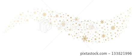 Snowflake wave border. Curved winter frame with golden snowflakes, stars and glitter dots. Elegant Christmas decorative pattern for greeting cards and festive design. Vector illustration. Snowflake wave border. Curved winter frame with golden snowflakes, stars and glitter dots. Elegant Christmas decorative pattern for greeting cards and festive design. Vector illustration. 133821996