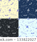 Set of seamless pattern of space elements rocket cosmonaut stars satellite telescope comet. Cosmic background. Vector illustration for packaging, textiles. 133822027