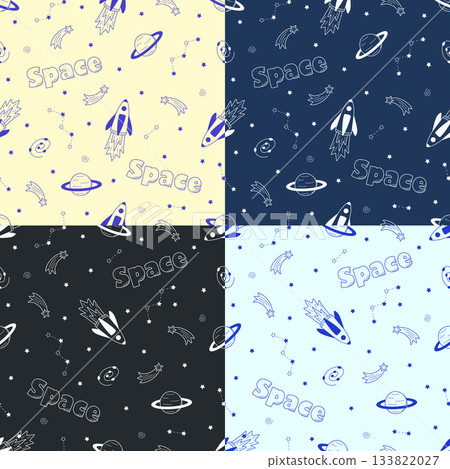 Set of seamless pattern of space elements rocket cosmonaut stars satellite telescope comet. Cosmic background. Vector illustration for packaging, textiles. 133822027