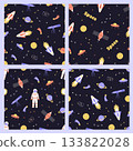 Set of seamless pattern of space cartoon elements rocket cosmonaut stars satellite telescope comet. Cosmic night background. Vector illustration for packaging, textiles. 133822028