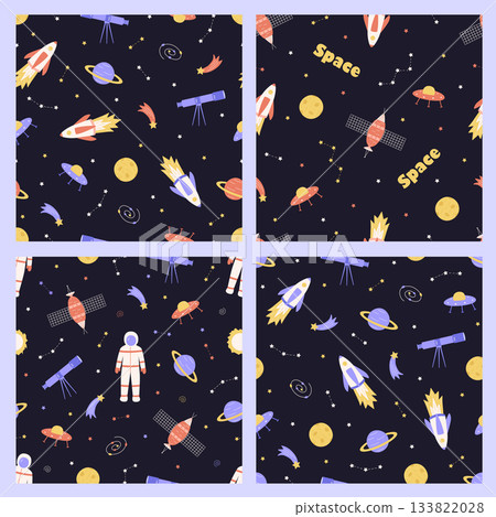 Set of seamless pattern of space cartoon elements rocket cosmonaut stars satellite telescope comet. Cosmic night background. Vector illustration for packaging, textiles. 133822028