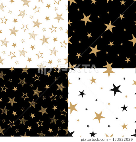 Set of seamless pattern of golden and black stars. Stylish background for holiday packaging, gifts and textiles. Vector illustration. Set of seamless pattern of golden and black stars. Stylish background for holiday packaging, gifts and textiles. Vector illustration. 133822029