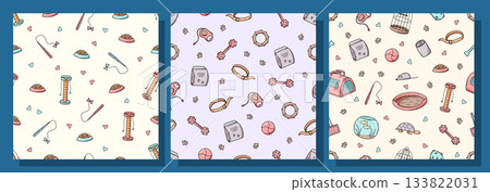 A set of seamless patterns for pet accessories. Vector background for packaging pet products, dog textiles. Illustration of a pet store and a veterinary clinic. 133822031