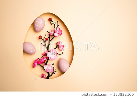 Top view pastel beige background with Easter decor Top view pastel beige background with Easter decor 133822100