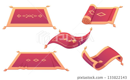 Magic flying carpet design, cartoon Persian red wool carpet with tassels, vintage floor rug, home textile mat vector set Magic flying carpet design, cartoon Persian red wool carpet with tassels, vintage floor rug, home textile mat vector set 133822143