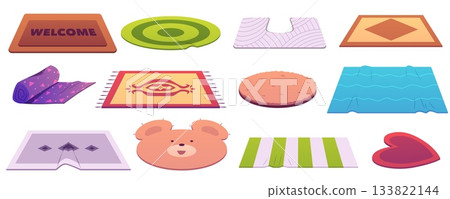 A set of multicolored rugs of various shapes and patterns, soft floor covering. A set of multicolored rugs of various shapes and patterns, soft floor covering. 133822144