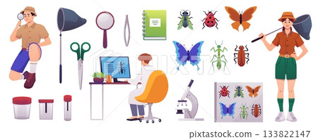Entomology concept, microscope, magnifying glass and laboratory equipment for observing insects, bugs vector flat set 133822147