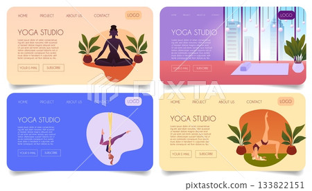 Yoga studio vector flat landing page advertising designs set, woman practicing yoga on the hanging rope, aerial pilates 133822151