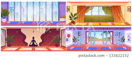 A set of posters featuring empty yoga studio interiors with panoramic windows, mats, and hammocks. 133822152