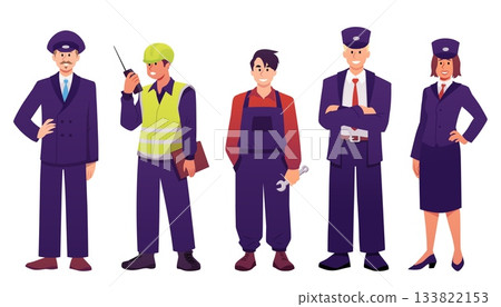 Full-length images of train station attendants, including a driver, repairman, and guide. Full-length images of train station attendants, including a driver, repairman, and guide. 133822153