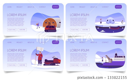 Arctic exploration, Polar expedition vector flat landing page, scientific station with explorers, buildings, vehicles Arctic exploration, Polar expedition vector flat landing page, scientific station with explorers, buildings, vehicles 133822155