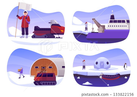A set of polar research stations with people, a ship, a snowmobile, and barns, in round frames. A set of polar research stations with people, a ship, a snowmobile, and barns, in round frames. 133822156