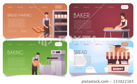 Set of banners for a bakery website with bakers, equipment, cooking process, street stall. Set of banners for a bakery website with bakers, equipment, cooking process, street stall. 133822165