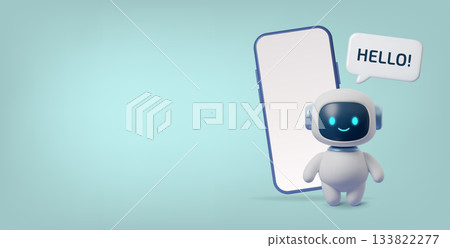 Cute 3D AI robot with smartphone and hello speech bubble. Friendly virtual assistant for chat, mobile apps, support services, technology concepts and modern digital communication Cute 3D AI robot with smartphone and hello speech bubble. Friendly virtual assistant for chat, mobile apps, support services, technology concepts and modern digital communication 133822277
