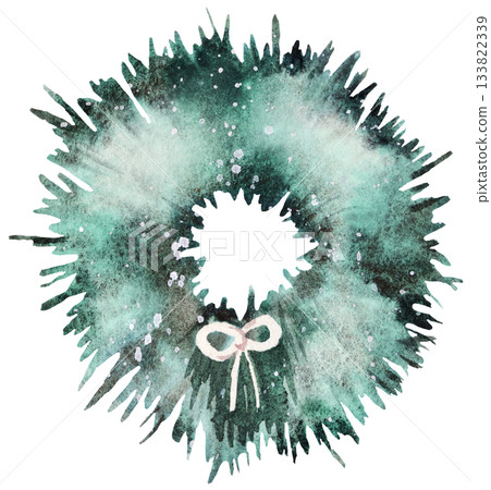 Hand drawn watercolor green Christmas wreath with a bow, winter isolated illustration Hand drawn watercolor green Christmas wreath with a bow, winter isolated illustration 133822339