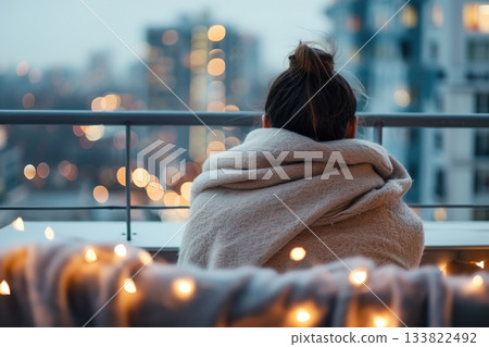 Cozy evening on a balcony with a person wrapped in a blanket, admiring the beautiful Christmas lights of the city skyline during winter 133822492