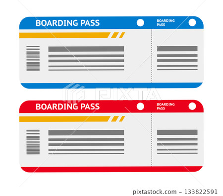 Boarding pass. Red and blue air plane ticket templates. Airline flight pass. Blank boarding pass template isolated on transparent background. Flat vector illustrations set 133822591
