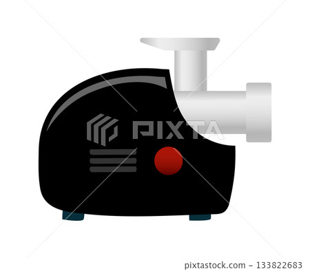 Electric meat grinder designed for home kitchen use with sleek black exterior and silver grinding head Electric meat grinder designed for home kitchen use with sleek black exterior and silver grinding head 133822683